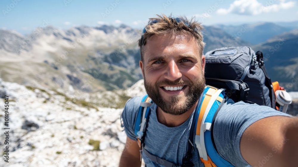 A smiling hiker in a gray shirt documents his mountain journey with a selfie, highlighting the joy of exploration and the panoramic beauty of the great outdoors. A smiling hiker in a gray shirt documents his mountain journey with a selfie, highlighting the joy of exploration and the panoramic beauty of the great outdoors.