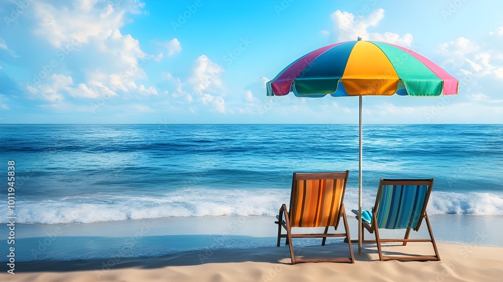 Beach scene with a colorful beach umbrella and chairs overlooking the ocean, symbolizing a relaxing summer getaway by the sea Beach scene with a colorful beach umbrella and chairs overlooking the ocean, symbolizing a relaxing summer getaway by the sea