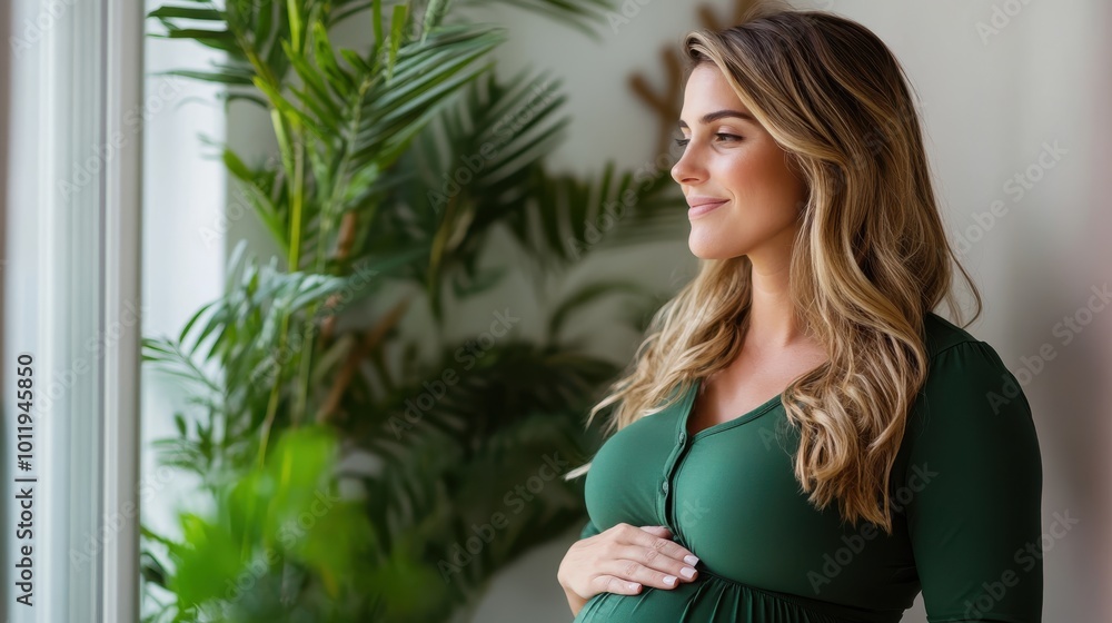 A graceful pregnant woman in a green dress looks out a window, her expression full of hope and expectation, surrounded by lush green plants indoors. A graceful pregnant woman in a green dress looks out a window, her expression full of hope and expectation, surrounded by lush green plants indoors.