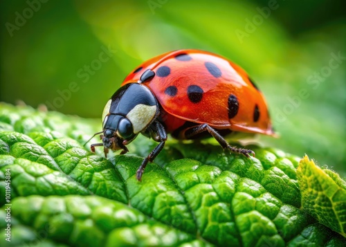 Close-up of a vibrant 7 spotted ladybug resting on a green leaf in a natural garden setting