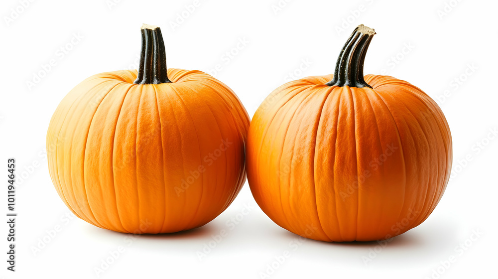 Two Ripe Pumpkins with Smooth Orange Skin and Green Stems, Isolated on White Background Two Ripe Pumpkins with Smooth Orange Skin and Green Stems, Isolated on White Background