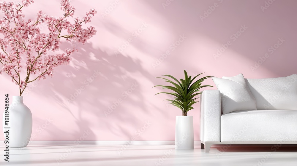 A cozy living room decorated with soft pink walls, a large white sofa, and vibrant pink floral arrangements in vases, creating a fresh and sophisticated space. A cozy living room decorated with soft pink walls, a large white sofa, and vibrant pink floral arrangements in vases, creating a fresh and sophisticated space.