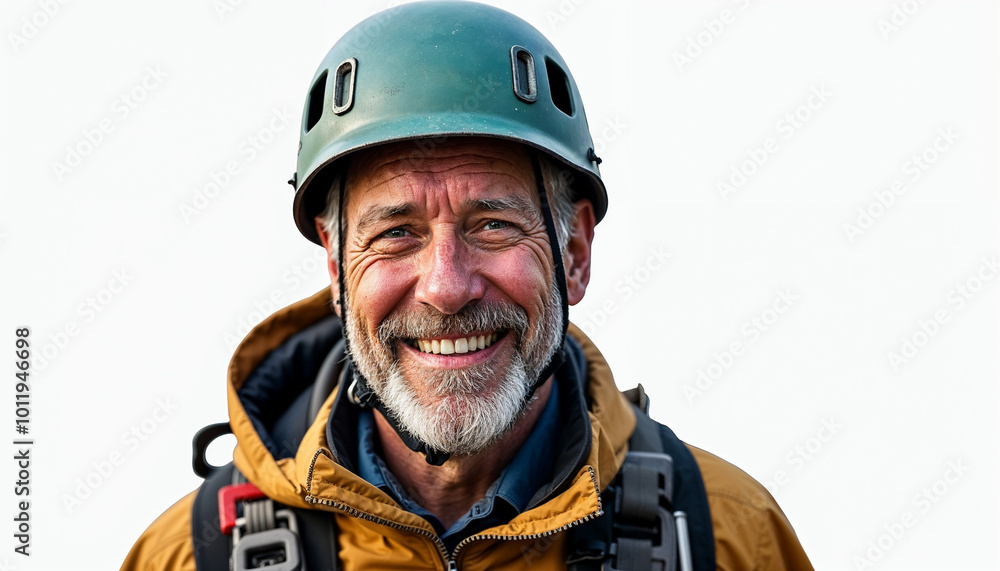 Portrait of a friendly, middle-aged mountaineer in rugged climbing gear. Portrait of a friendly, middle-aged mountaineer in rugged climbing gear.