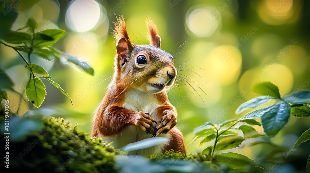 Close-up of a playful squirrel in a lush green forest setting, Squirrel, playful, close-up, wildlife, nature, animals, forest, green Close-up of a playful squirrel in a lush green forest setting, Squirrel, playful, close-up, wildlife, nature, animals, forest, green