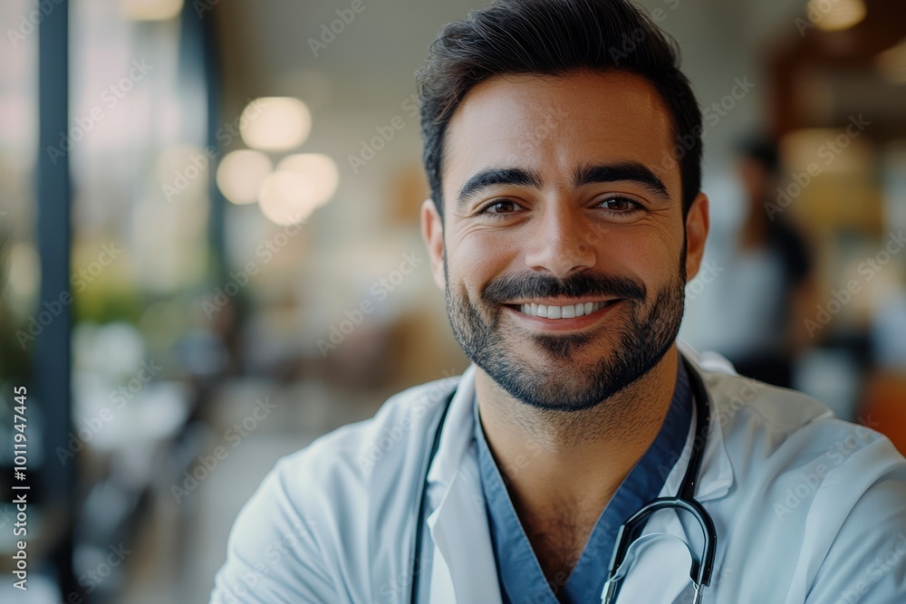 A cheerful male doctor in a white coat smiles at the camera, exuding warmth and confidence, This image can be used for healthcare materials, medical websites, or patient brochures, A cheerful male doctor in a white coat smiles at the camera, exuding warmth and confidence, This image can be used for healthcare materials, medical websites, or patient brochures,