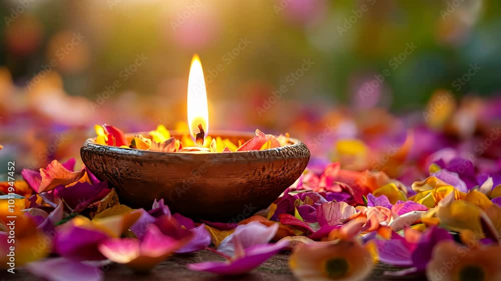 Clay lamp surrounded by colorful petals at sunset, symbol of peace and spirituality Clay lamp surrounded by colorful petals at sunset, symbol of peace and spirituality
