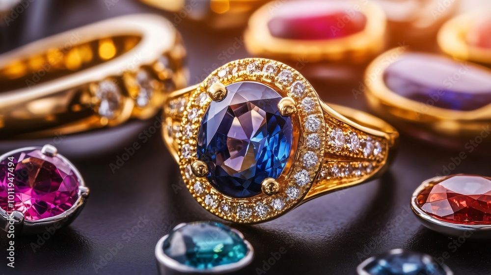 Gold ring with blue gemstone surrounded by other gemstones Gold ring with blue gemstone surrounded by other gemstones