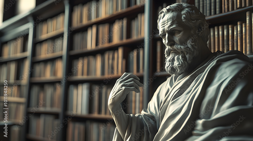 Fototapeta premium Stoic Silence: The Philosopher’s Statue in the Library
