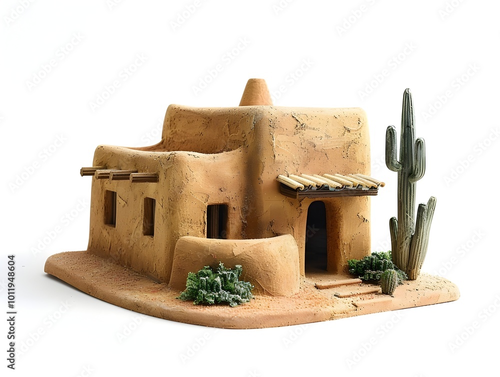 Miniature House Model with Rounded Edges Flat Roof and Cactus Details Capturing Southwestern Architecture Style Isolated on White Background Miniature House Model with Rounded Edges Flat Roof and Cactus Details Capturing Southwestern Architecture Style Isolated on White Background