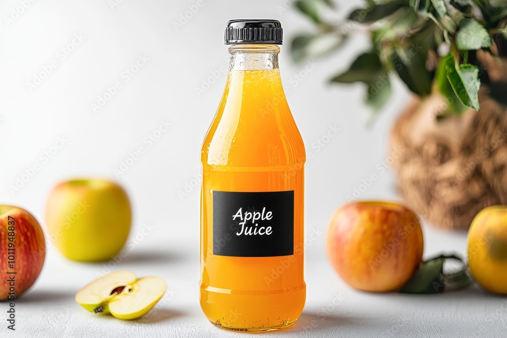 A clear bottle of apple juice sits prominently with fresh apples nearby, ideal for culinary blogs, health articles, or promotional materials for beverages and organic products, A clear bottle of apple juice sits prominently with fresh apples nearby, ideal for culinary blogs, health articles, or promotional materials for beverages and organic products,