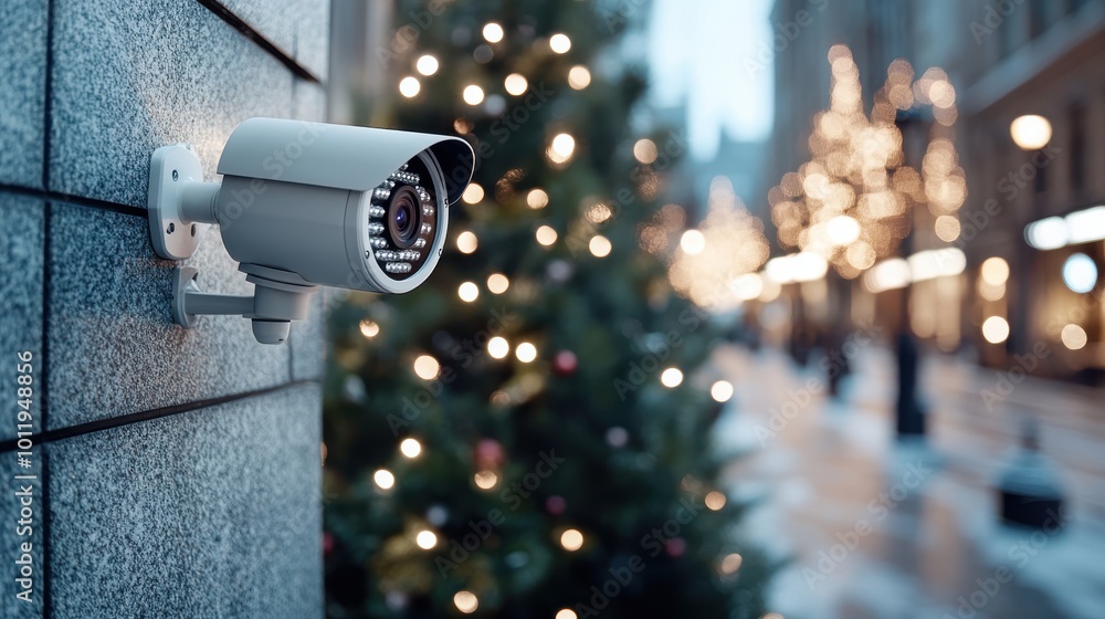 A surveillance camera is mounted on a wall with decorated city street full of holiday lights and a Christmas tree in the background, capturing urban festivity. A surveillance camera is mounted on a wall with decorated city street full of holiday lights and a Christmas tree in the background, capturing urban festivity.