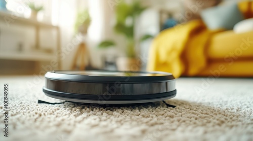 A robotic vacuum efficiently cleans a carpeted floor in a cozy living room, with blurred background showing plants and a comfortable yellow sofa.