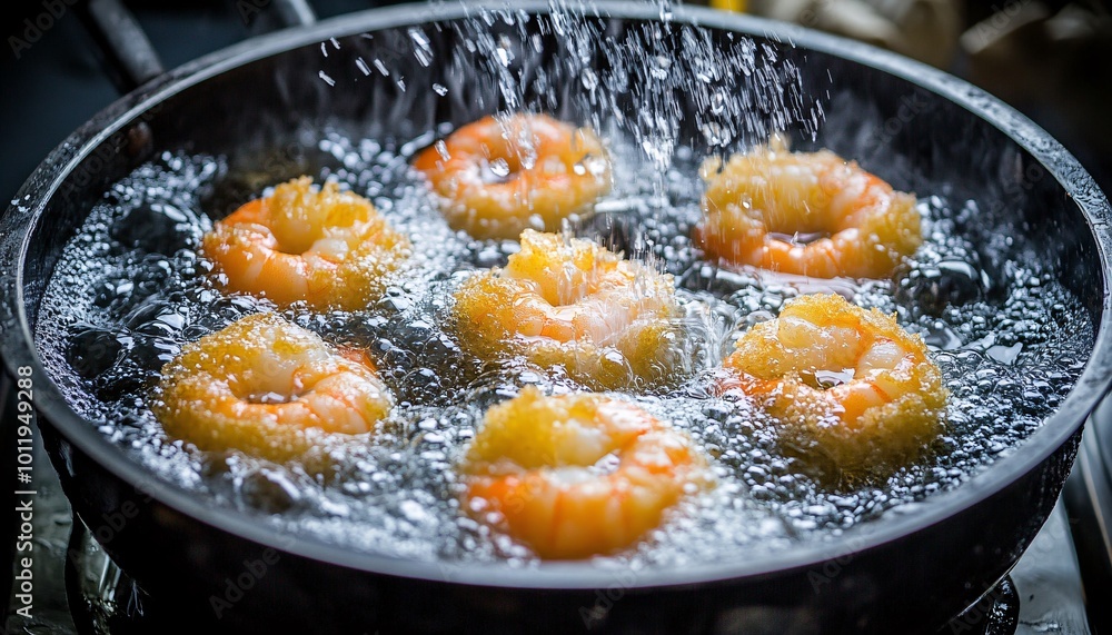 Crispy golden shrimp fritters sizzling in hot oil, showcasing the delicious allure of fried food. Crispy golden shrimp fritters sizzling in hot oil, showcasing the delicious allure of fried food.