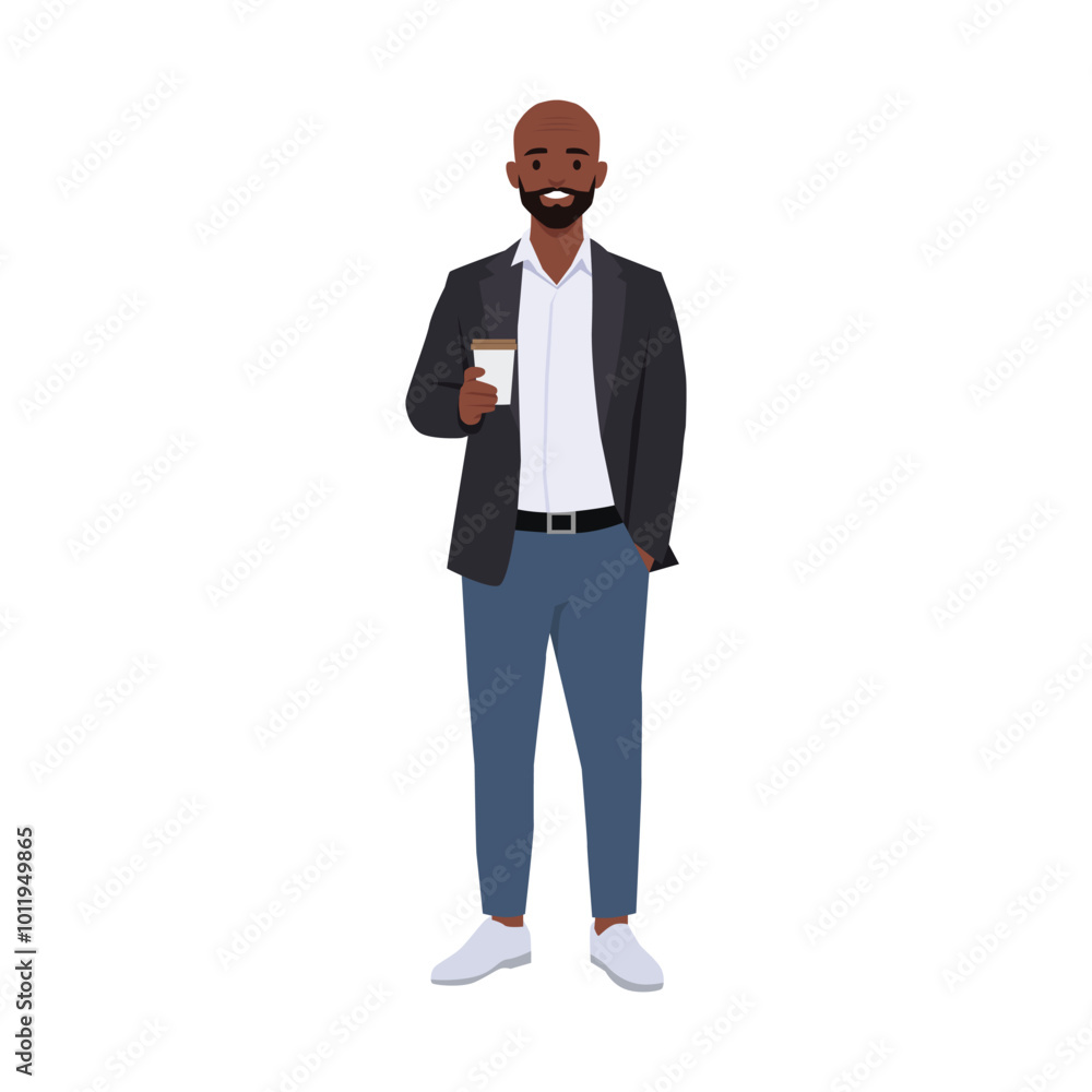 Young businessman holding a coffee cup. Flat vector illustration isolated on white background Young businessman holding a coffee cup. Flat vector illustration isolated on white background