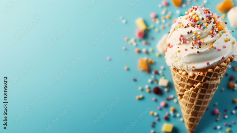 A fun and colorful waffle cone, with vanilla ice cream adorned with lively sprinkles and surrounded by a scattered array of candy on a bold blue surface. A fun and colorful waffle cone, with vanilla ice cream adorned with lively sprinkles and surrounded by a scattered array of candy on a bold blue surface.