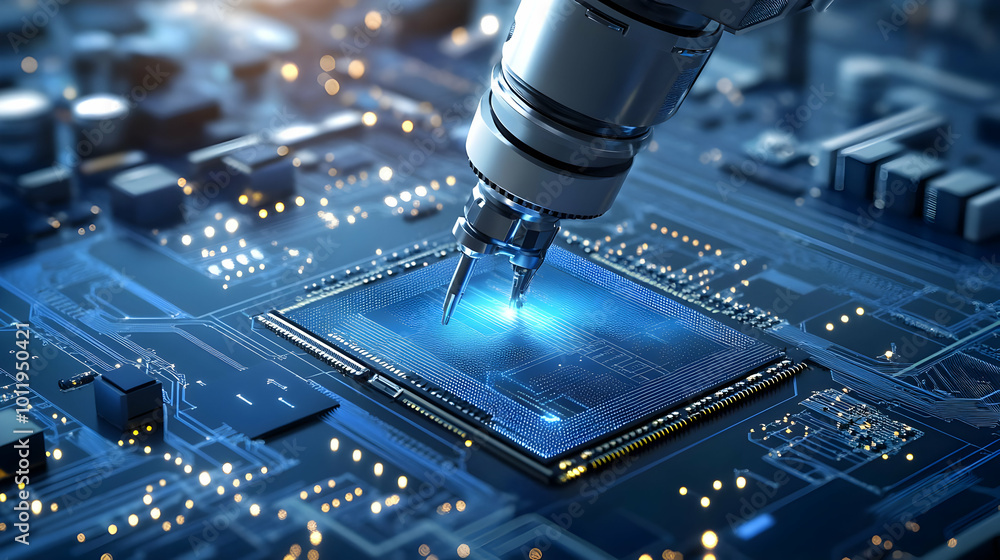 A Robotic Arm Precisely Installing a Microchip on a Circuit Board with Glowing Blue Lines in a High-Tech Manufacturing Environment A Robotic Arm Precisely Installing a Microchip on a Circuit Board with Glowing Blue Lines in a High-Tech Manufacturing Environment