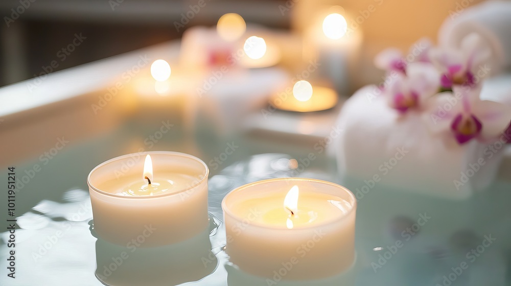 Scented candles flicker in a cozy spa, filling the air with a soothing aroma. The soft glow invites relaxation and serenity. Scented candles flicker in a cozy spa, filling the air with a soothing aroma. The soft glow invites relaxation and serenity.