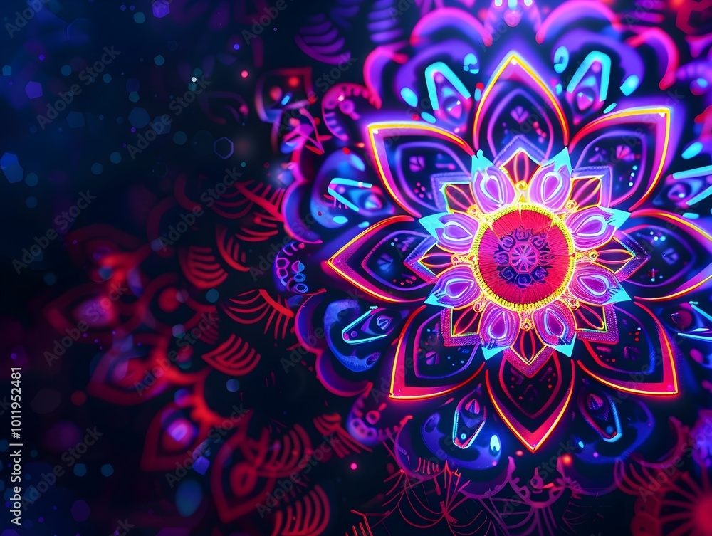 Intricate Neon Mandala Glowing in Harmonious Balance Against Dark Background Intricate Neon Mandala Glowing in Harmonious Balance Against Dark Background
