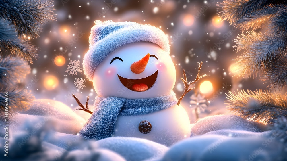 happy snowman in winter secenery happy snowman in winter secenery