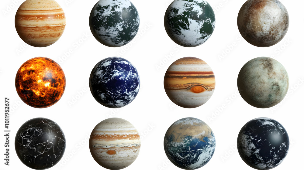 A Collection of 3D Rendered Planets, Featuring Earth-like, Gas Giant, and Abstract Planetary Surfaces with a White Background A Collection of 3D Rendered Planets, Featuring Earth-like, Gas Giant, and Abstract Planetary Surfaces with a White Background