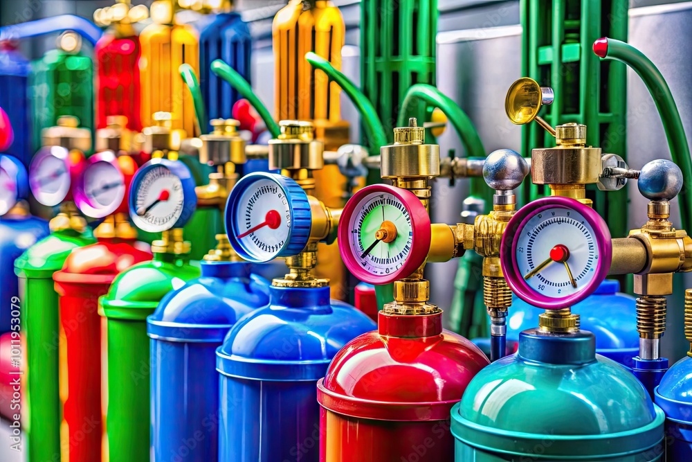 Close-up of refrigerant canisters with valves, gauges, and tools for HVAC and refrigeration systems Close-up of refrigerant canisters with valves, gauges, and tools for HVAC and refrigeration systems
