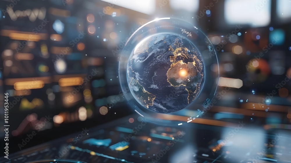 Futuristic Holographic Interface Displaying 3D Rotating Earth with Weather Data and Global Statistics Futuristic Holographic Interface Displaying 3D Rotating Earth with Weather Data and Global Statistics
