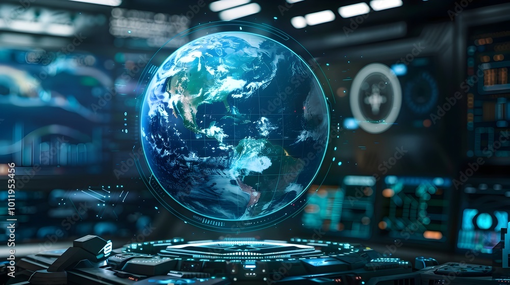 Futuristic Holographic 3D Interface Displaying Real Time Earth Data and Statistics Futuristic Holographic 3D Interface Displaying Real Time Earth Data and Statistics