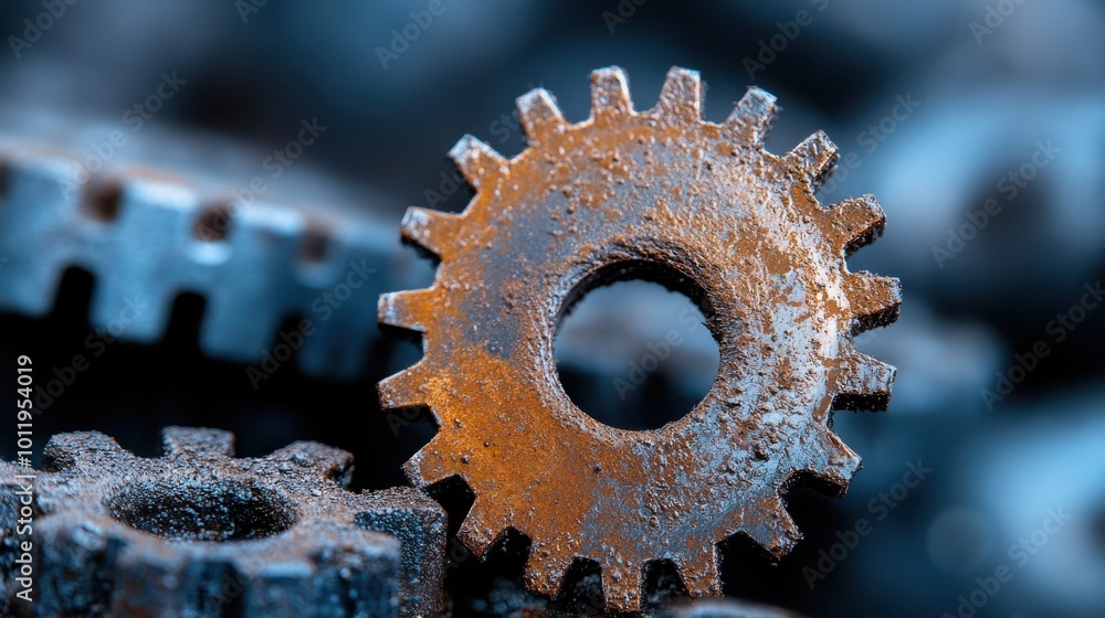 A macro shot of a rusty cogwheel, showcasing the intricate details and texture, symbolizing industry and the passage of time against a blue backdrop. A macro shot of a rusty cogwheel, showcasing the intricate details and texture, symbolizing industry and the passage of time against a blue backdrop.