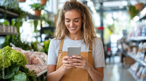 A woman in a grocery store checks her phone while shopping, wearing an apron. Bright natural lighting highlights her focus and the variety of products around her.