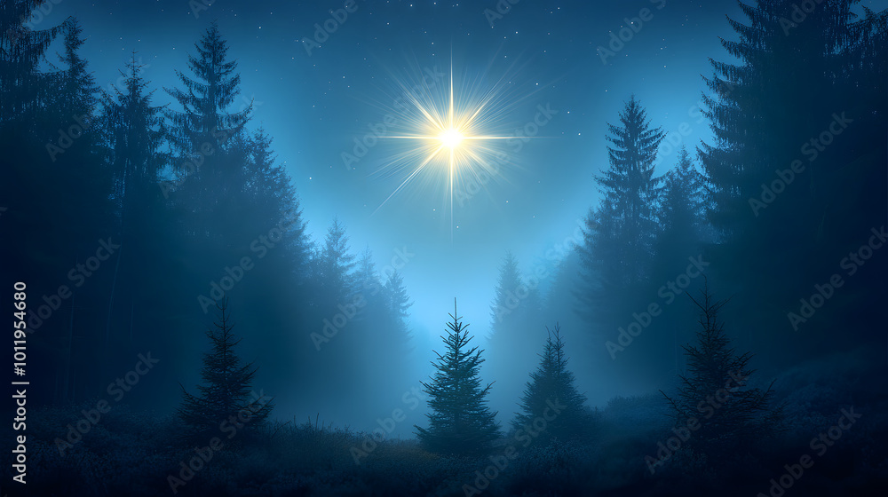 Foggy night forest with bright star symbolizing Nativity of Jesus Christ , fog Foggy night forest with bright star symbolizing Nativity of Jesus Christ , fog