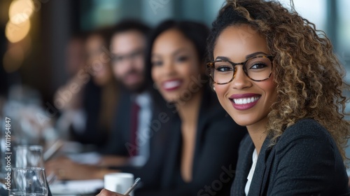 Wallpaper Mural A businesswoman with glasses, smiling confidently in a corporate meeting setting, capturing the essence of professionalism and a thriving career in modern workspaces. Torontodigital.ca