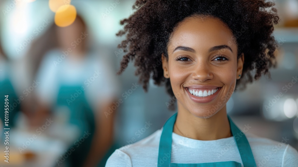 Obraz premium A vibrant image of a smiling barista wearing an apron, with curly hair, standing in a bright cafe environment, representing hospitality and customer service.