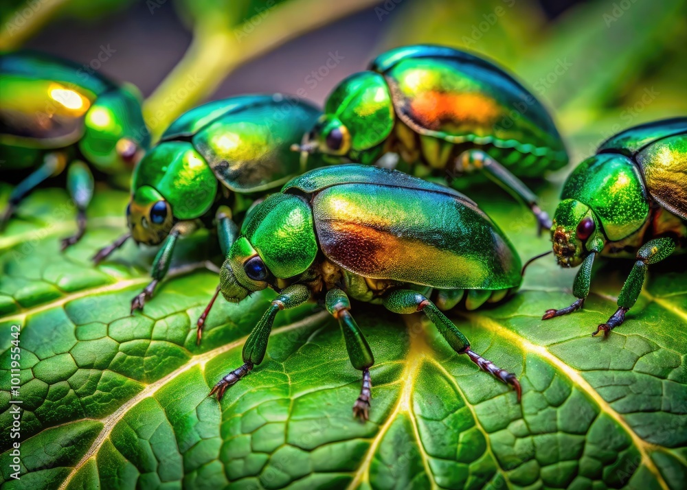 Close-up of Vibrant Green Beetles Crawling on Leaves in a Lush Garden Setting Under Natural Light Close-up of Vibrant Green Beetles Crawling on Leaves in a Lush Garden Setting Under Natural Light