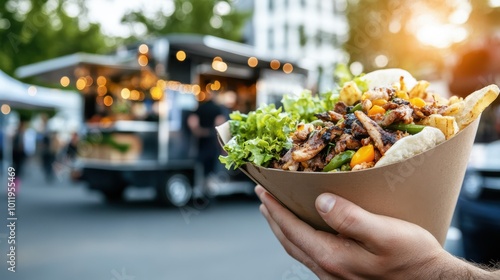 A lively street food wrap filled with fresh vegetables and succulent grilled meat, held in hand with a bustling food truck scene in the background. photo