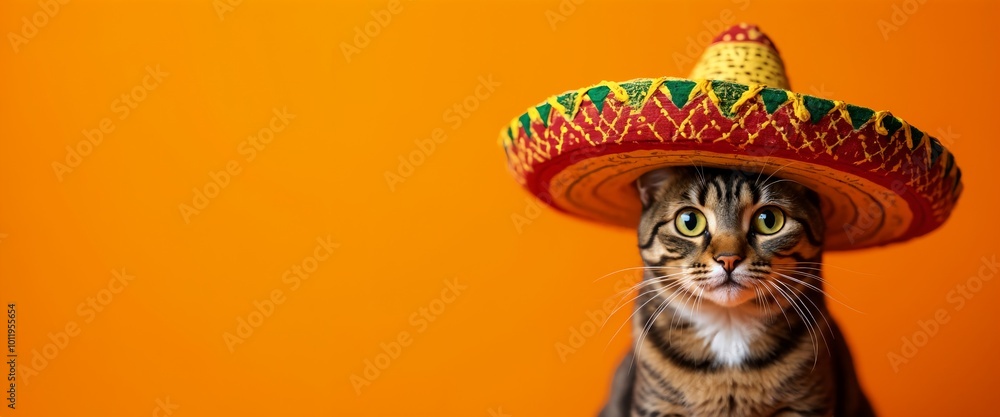 Day of The Dead Día Muertos Cat Sombrero Orange Background Copyspace Cheerful Festive Atmosphere Day of The Dead Día Muertos Cat Sombrero Orange Background Copyspace Cheerful Festive Atmosphere