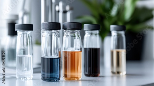 A row of small glass bottles filled with diverse colored solutions, neatly lined up against a blurred background, portraying order, chemistry, and organized study. photo