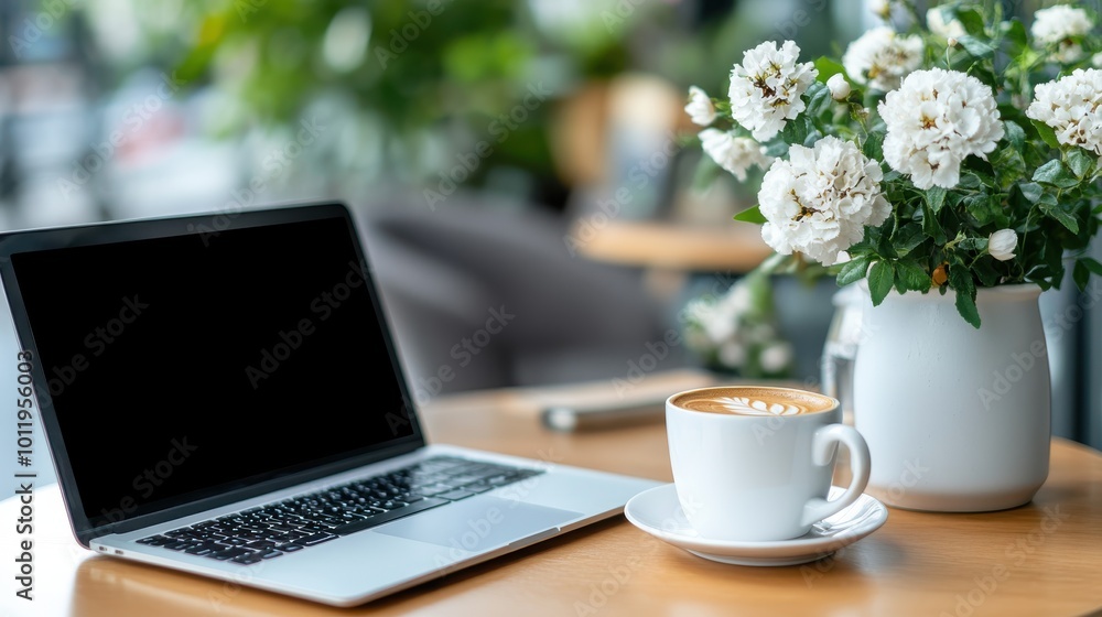 A bright workspace featuring a steaming cup of coffee next to an open laptop with a vase of white flowers, creating an inspiring and pleasant atmosphere for work. A bright workspace featuring a steaming cup of coffee next to an open laptop with a vase of white flowers, creating an inspiring and pleasant atmosphere for work.