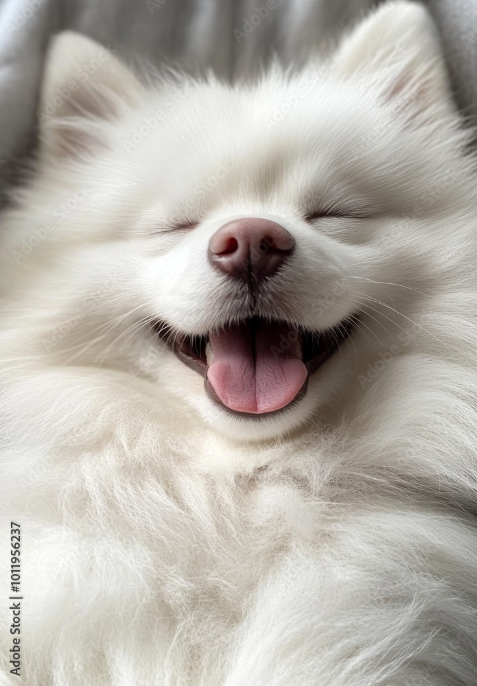 A joyful fluffy dog lies contentedly tongue out and eyes closed basking in happiness A joyful fluffy dog lies contentedly tongue out and eyes closed basking in happiness