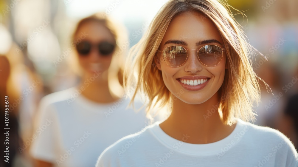 A cheerful woman with short hair and sunglasses confidently walks in a busy street, blending casual charm and joyful energy in this bustling urban scene. A cheerful woman with short hair and sunglasses confidently walks in a busy street, blending casual charm and joyful energy in this bustling urban scene.