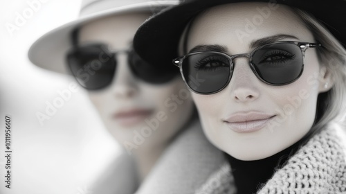 A black and white image of two women wearing sunglasses and stylish hats, capturing a moment of fashion-forward elegance and timeless beauty with warm smiles.