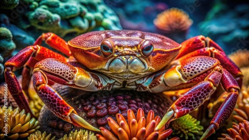 Close-up view of a cancer crab showcasing its unique features and natural habitat in the ocean