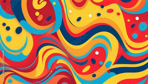 A colorful abstract background features vibrant waves and dots