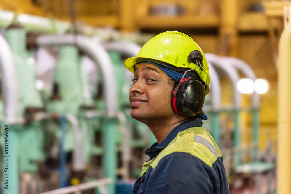 A close-up of the upper body and head of a marine engineer officer, wearing a helmet, happy face when performing his duties in the engine room during the repair of the ship’s main engine. A close-up of the upper body and head of a marine engineer officer, wearing a helmet, happy face when performing his duties in the engine room during the repair of the ship’s main engine.