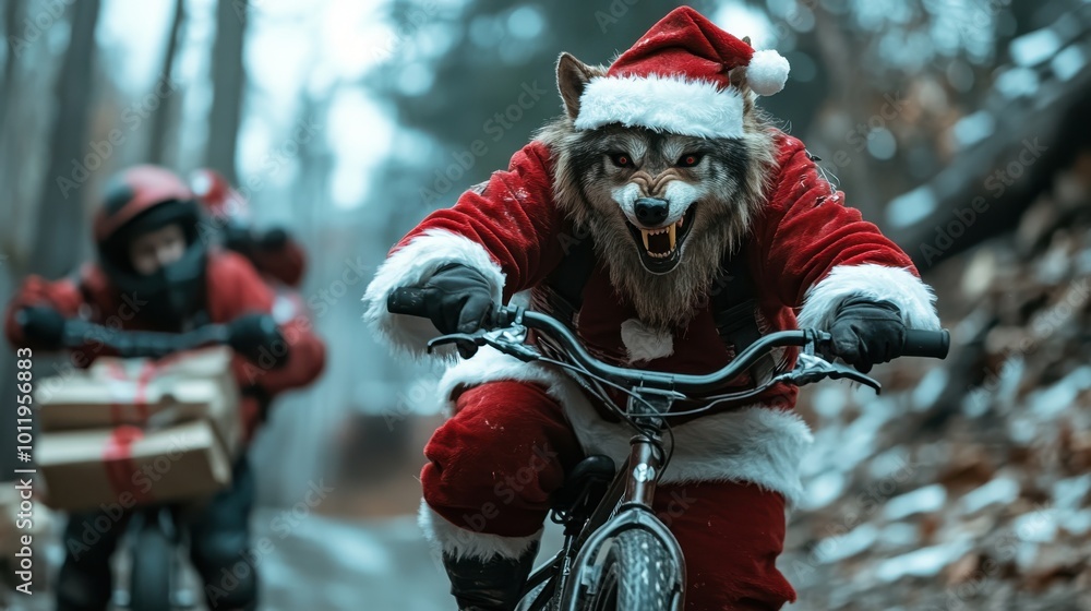 Fototapeta premium A werewolf dressed as Santa Claus rides a bicycle aggressively through a snowy forest, revealed by his snarling expression and dynamic motion in winter scenery.