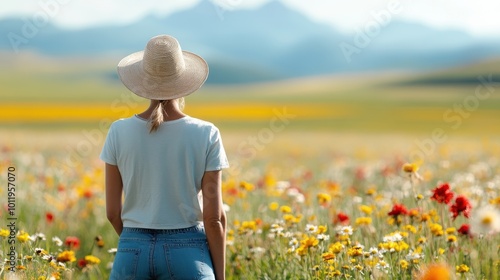 A person stands in a field filled with vibrant wildflowers, wearing a wide-brim hat, soaking in the expansive beauty of nature under a perfectly tranquil sky.