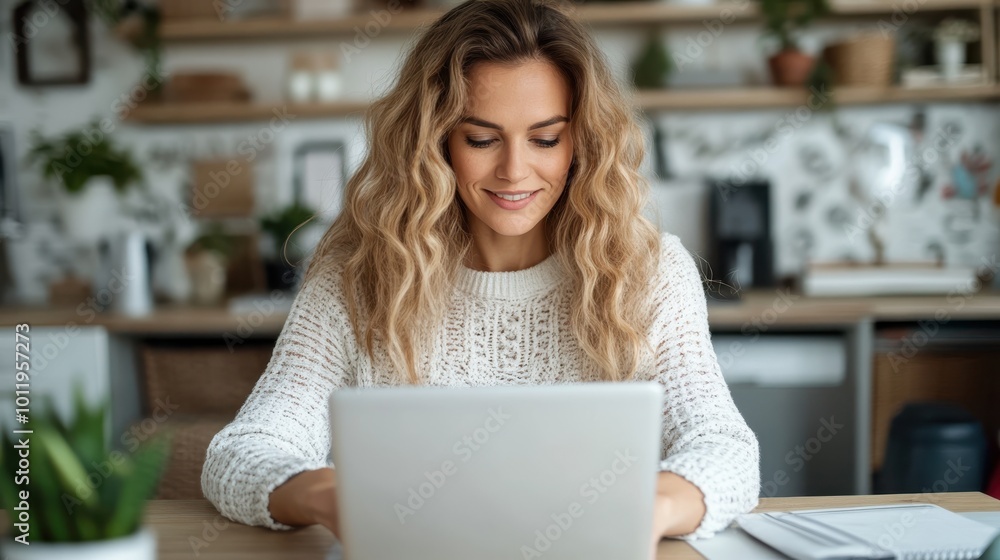 A smiling woman wearing a white sweater works on her laptop against a backdrop of floral decor, blending modern technology with a natural, pleasant ambiance. A smiling woman wearing a white sweater works on her laptop against a backdrop of floral decor, blending modern technology with a natural, pleasant ambiance.