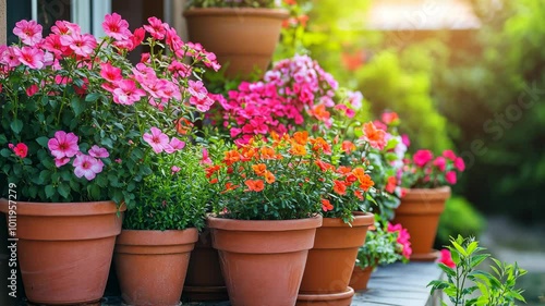Wallpaper Mural Colorful flowers in terracotta pots line a sunny balcony Torontodigital.ca