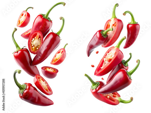 Red jalapeno slices flying isolated on white  background.AI GENERATED