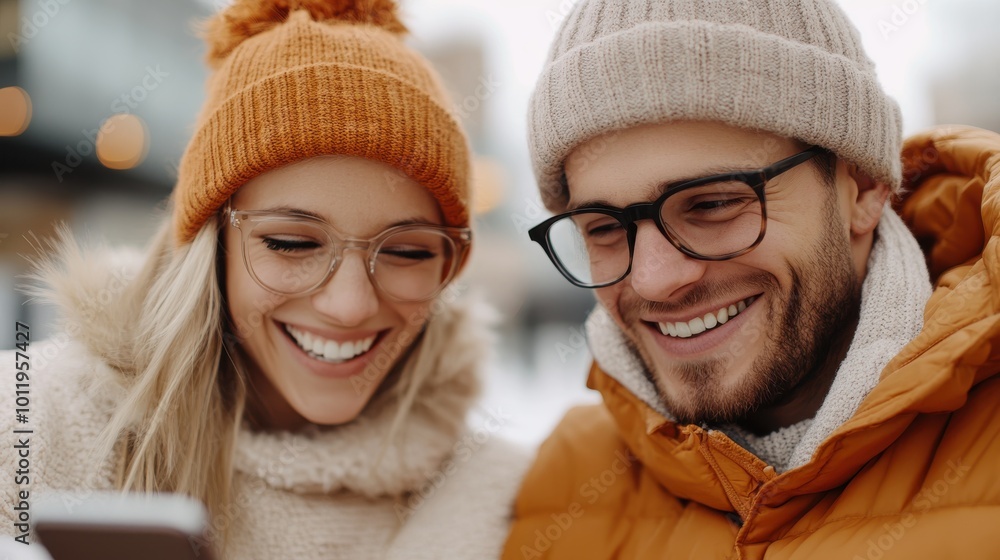 A smiling couple, each wearing trendy glasses and stylish winter attire, happily look at their phone while standing in a wintry environment. A moment of joy captured. A smiling couple, each wearing trendy glasses and stylish winter attire, happily look at their phone while standing in a wintry environment. A moment of joy captured.