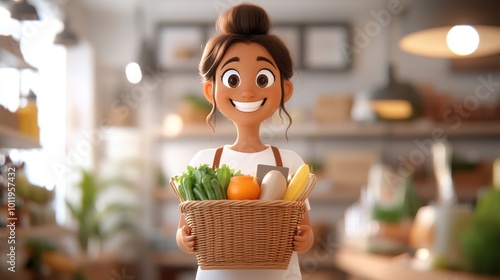 This image features a cheerful animated character holding a basket filled with a variety of fresh vegetables, set in a bright and welcoming environment.